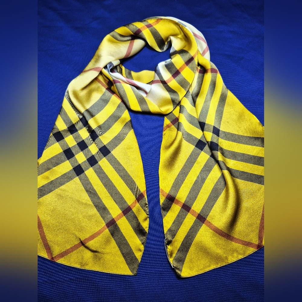 Burberry Yellow Plaid Silk Scarf with Black and Red Accents - Picture 10 of 11